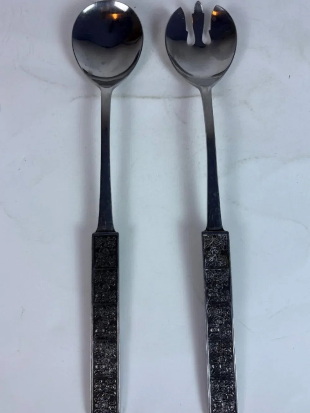 Vintage Stanley Roberts Stainless Japan Salad Serving Set MCM Floral Flatware
